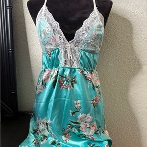 Floral Lace Trim Satin Nightgown